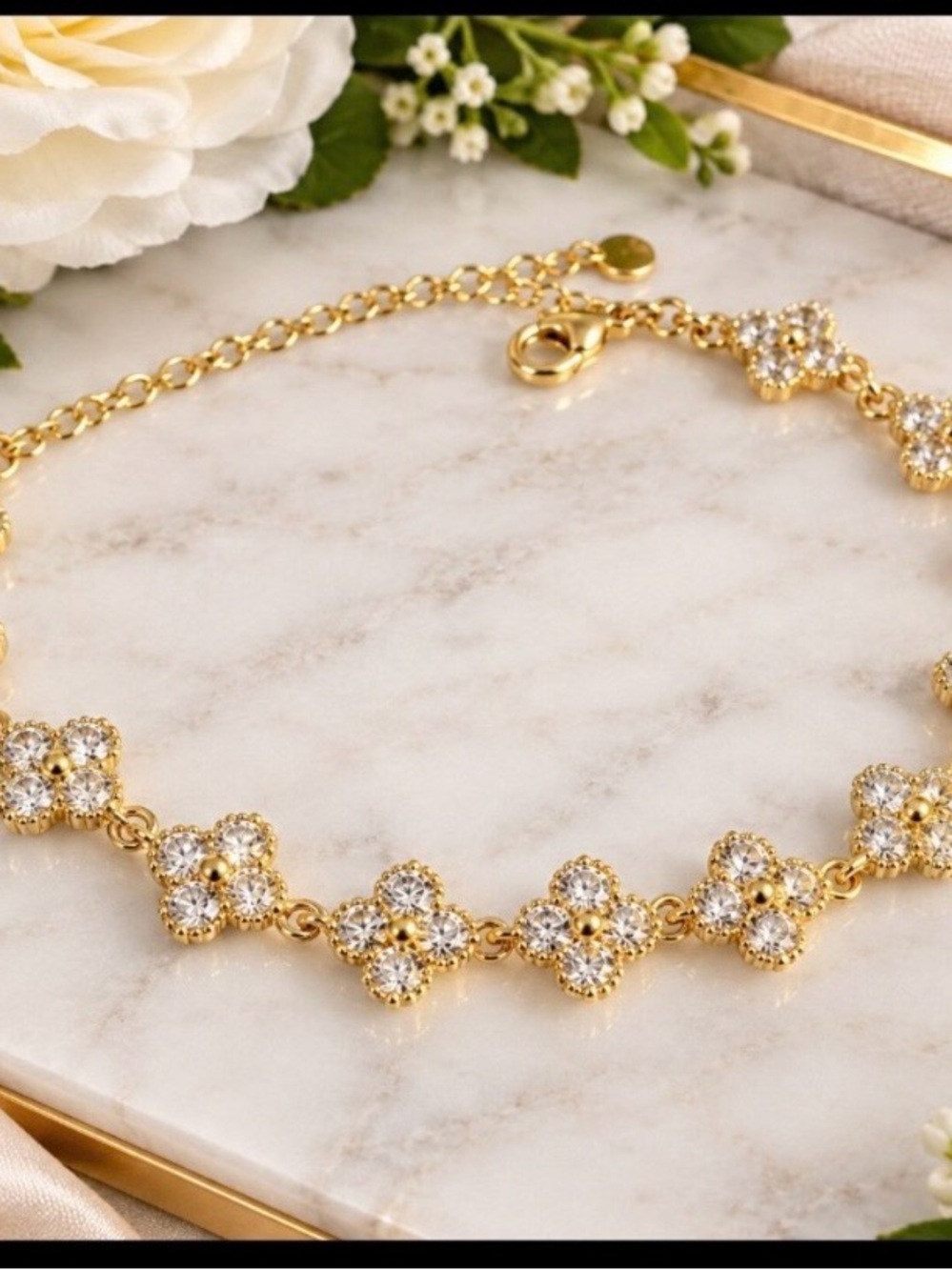 Gold Crystal Flower Link Bracelet - Women Jewelry